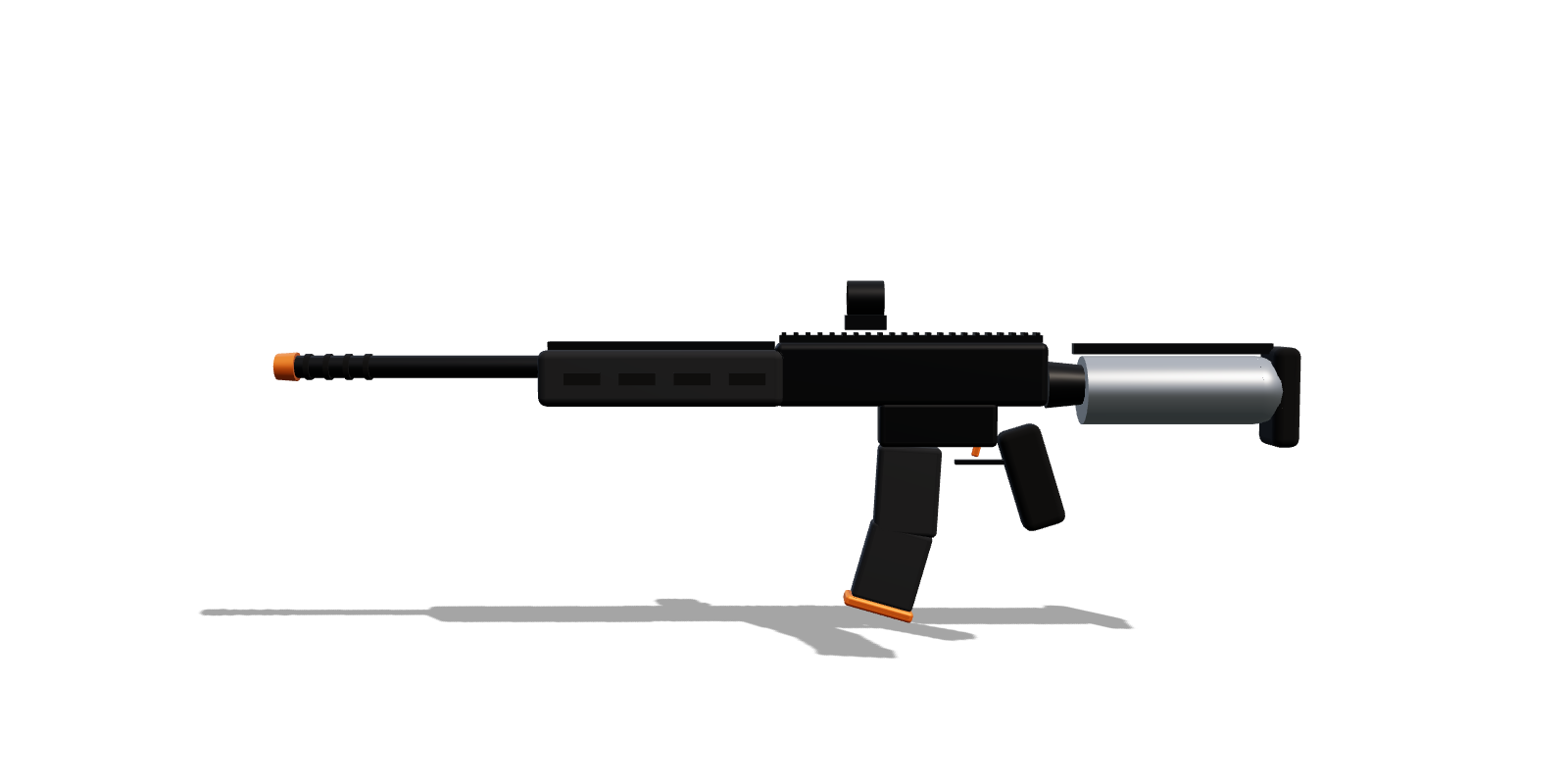 Side view of the mag-fed marker: ported barrel, vented handguard, railed receiver with red dot, curved 20-round magazine, pistol grip, and a silver HPA tank as the stock.