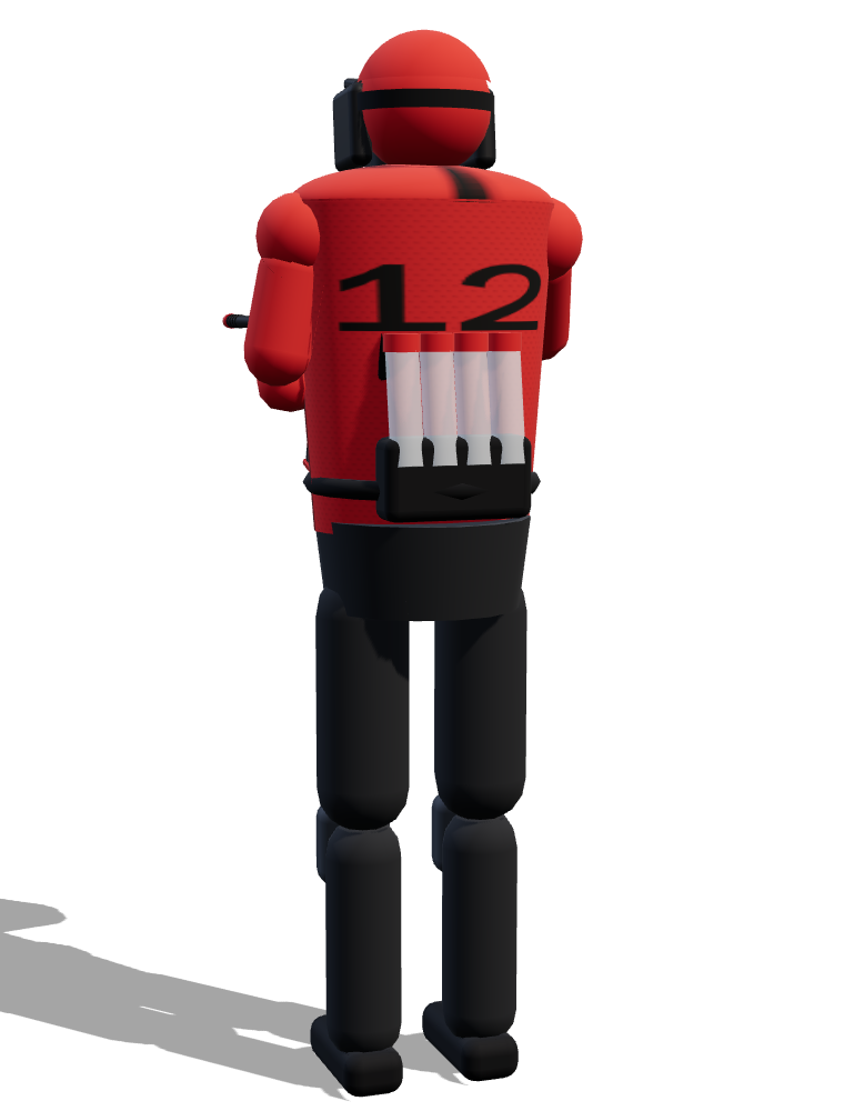 Back view: jersey number and a four-pod harness.