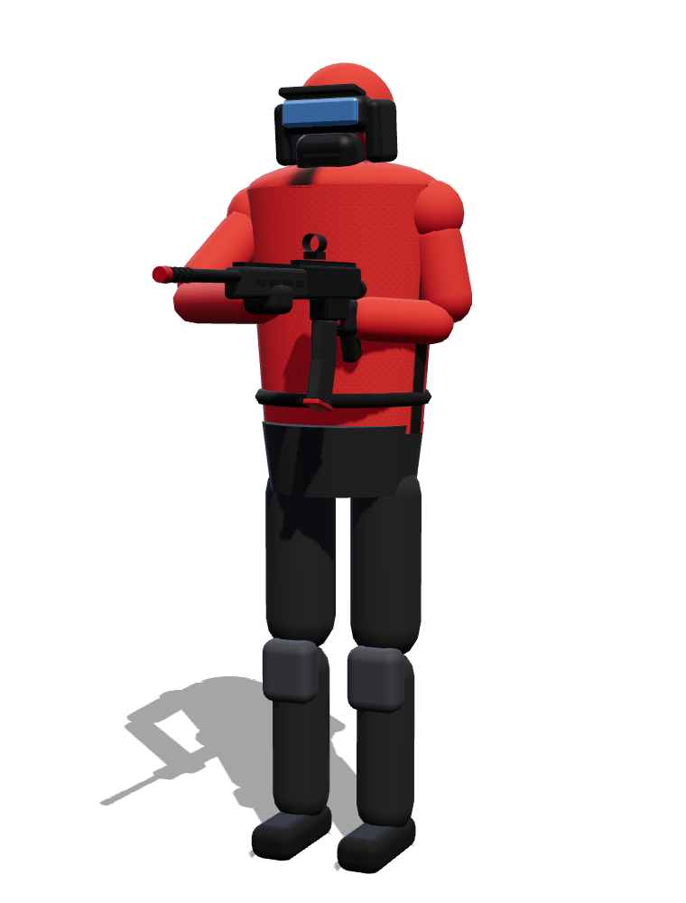 A Red team paintball player with the marker shouldered.