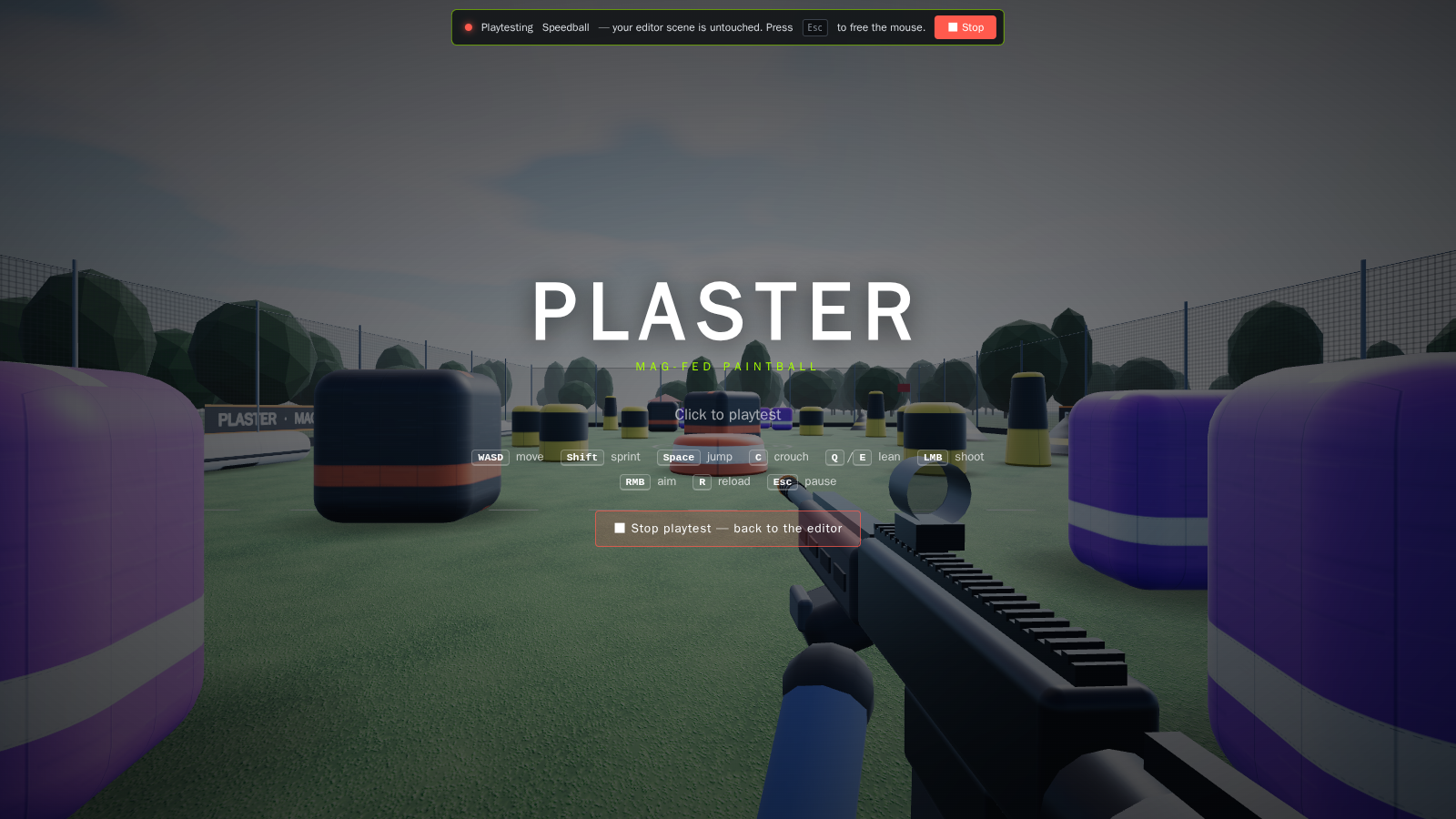 Playtest mode: the real game running inside the editor with a Playtesting bar and Stop button.