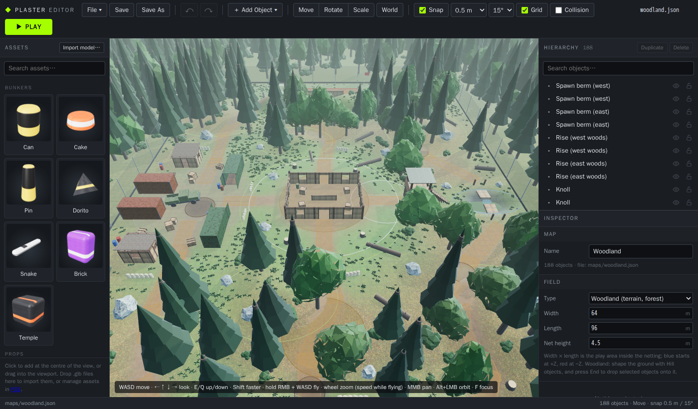 The map editor with Woodland open: terrain, forest, fort and outpost, and the Field settings in the inspector.