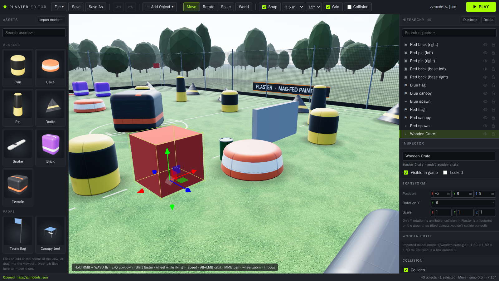The map editor: asset browser, 3D viewport with a selected bunker, hierarchy and inspector.