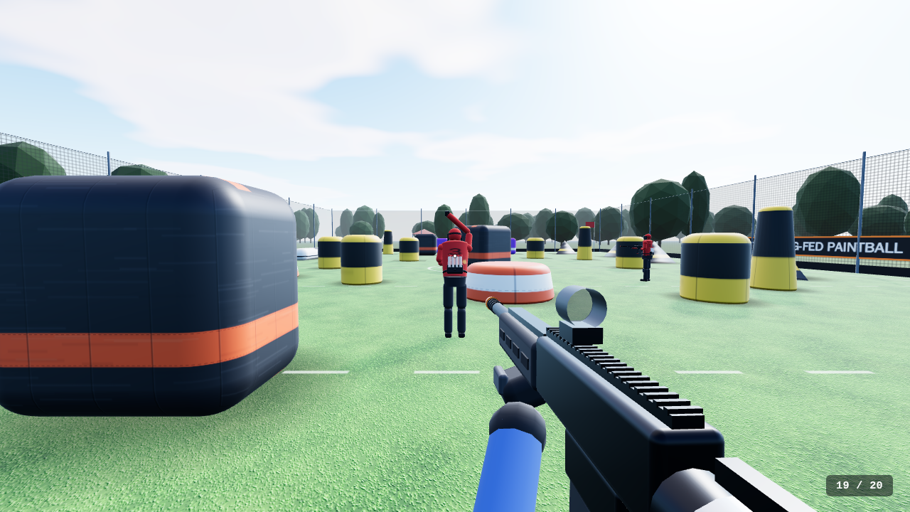 One hit and you're out: hand goes up, the ref whistles, you respawn at base.