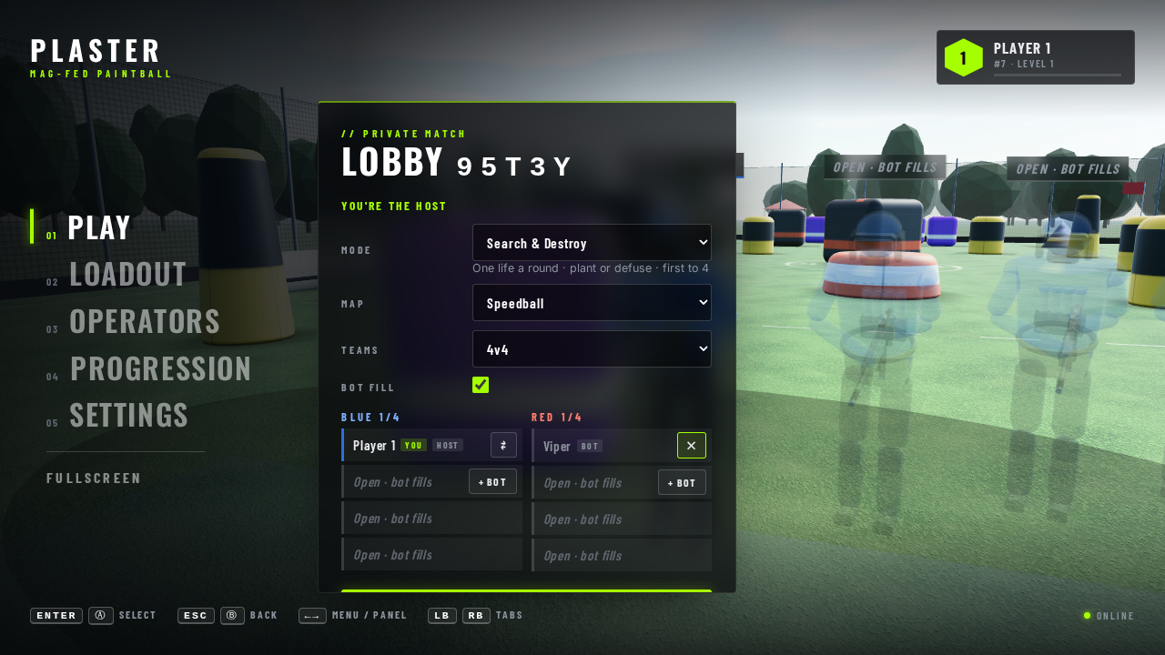 A private lobby with code, invite link, map and team-size settings, and both teams with players, bots and open slots.