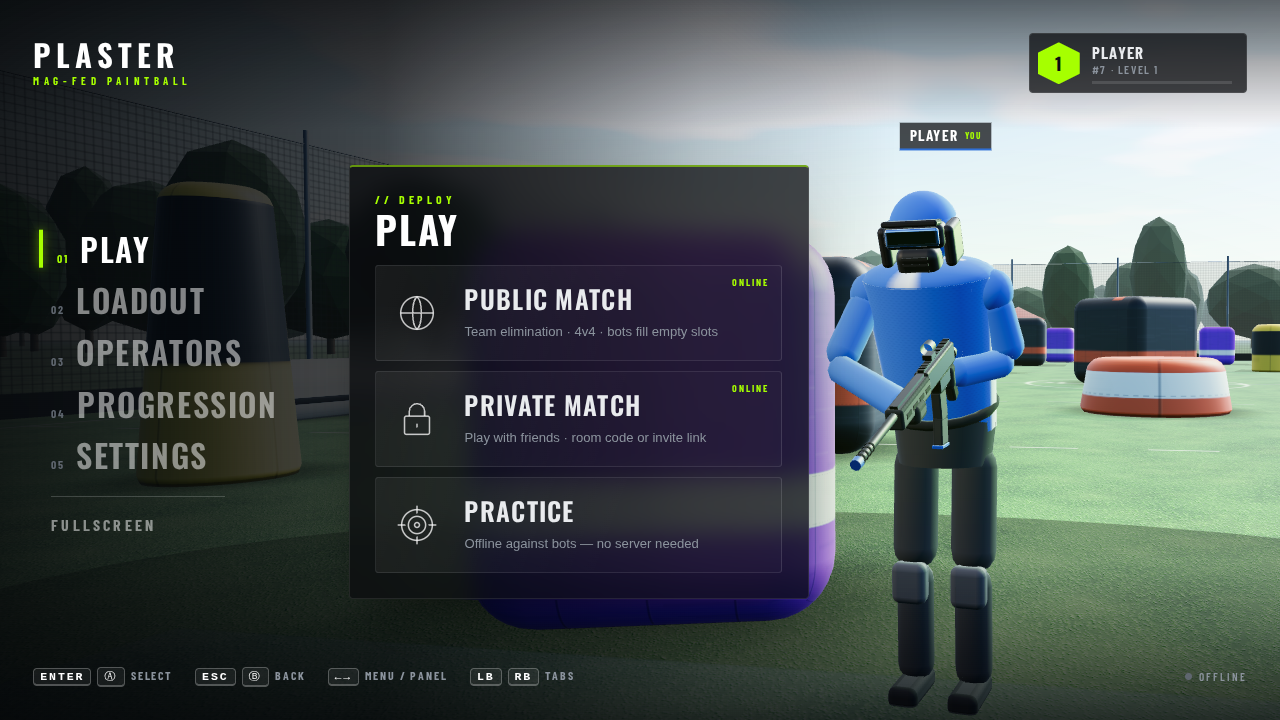 The main menu: tabs on the left, the Play panel, and your player standing on the field.
