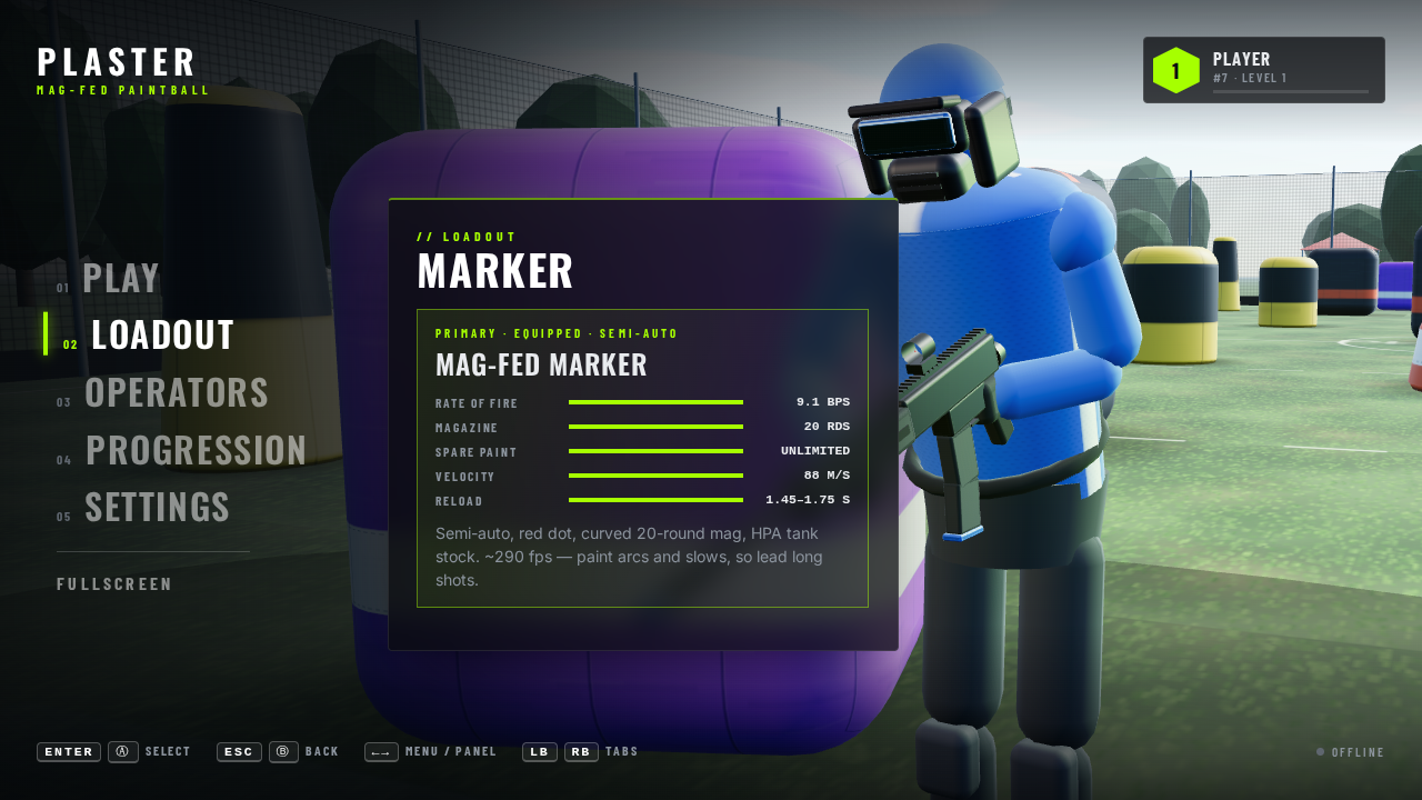 The main menu's Loadout: the equipped marker with its real stats.