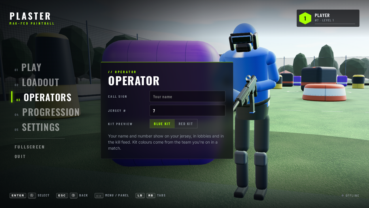 Operators: call sign, jersey number and blue or red kit preview on a full-body player.
