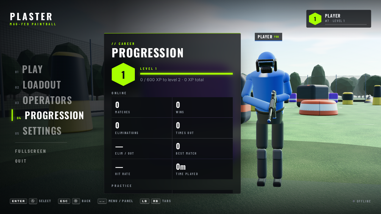 Progression: level badge, XP bar, and online and practice career stats.