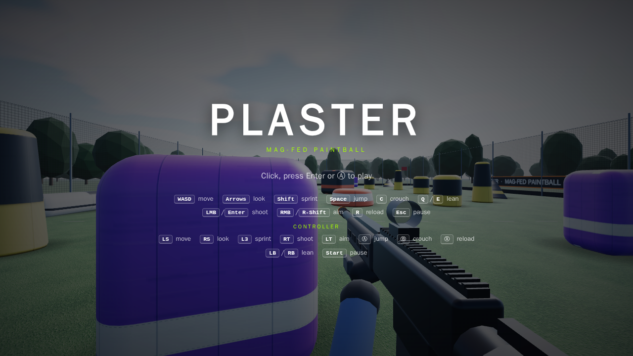 The menu: click, press Enter or A to play, with keyboard and controller layouts.