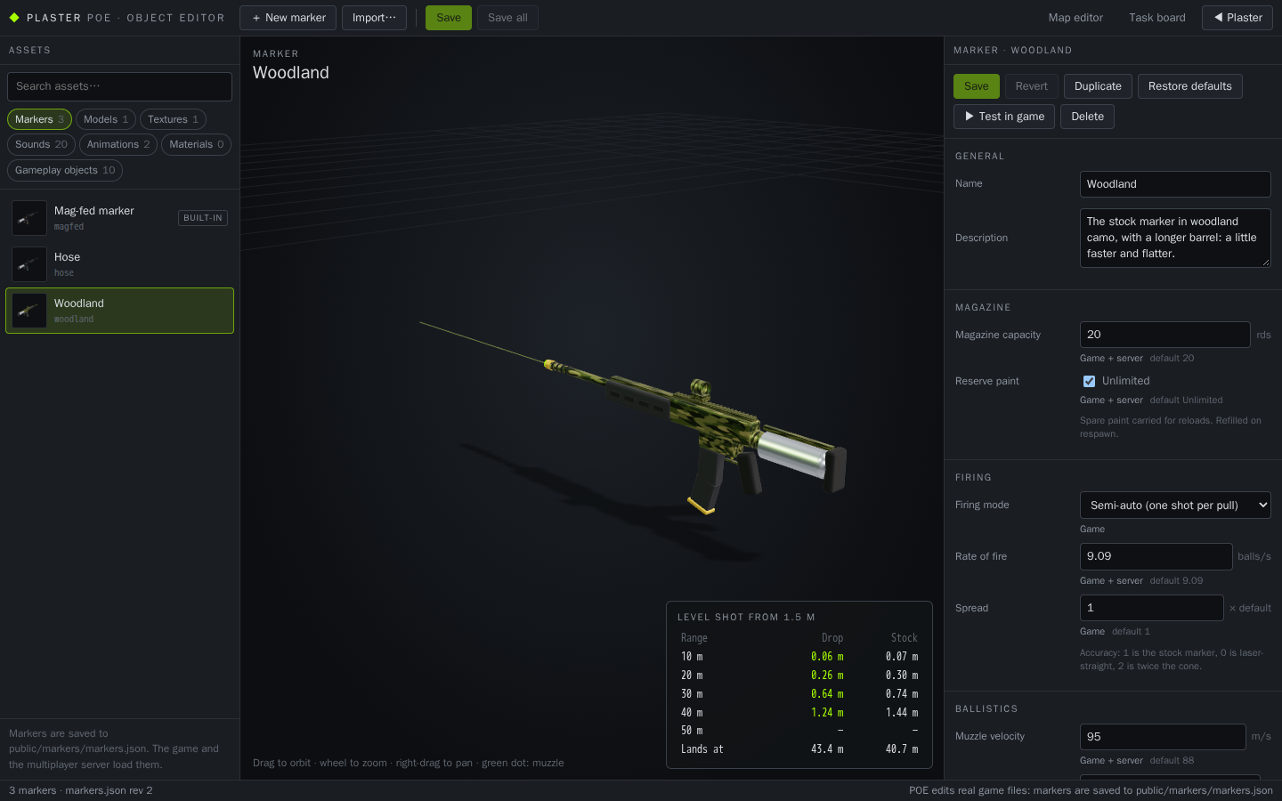 POE with the Woodland marker selected: asset browser on the left, the camo-textured marker in the 3D preview with a ballistics table, and its properties on the right.
