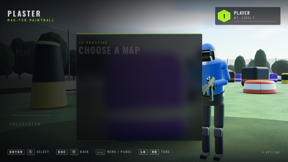 Main menu › Practice › Choose a map: Speedball (loaded) and Woodland.
