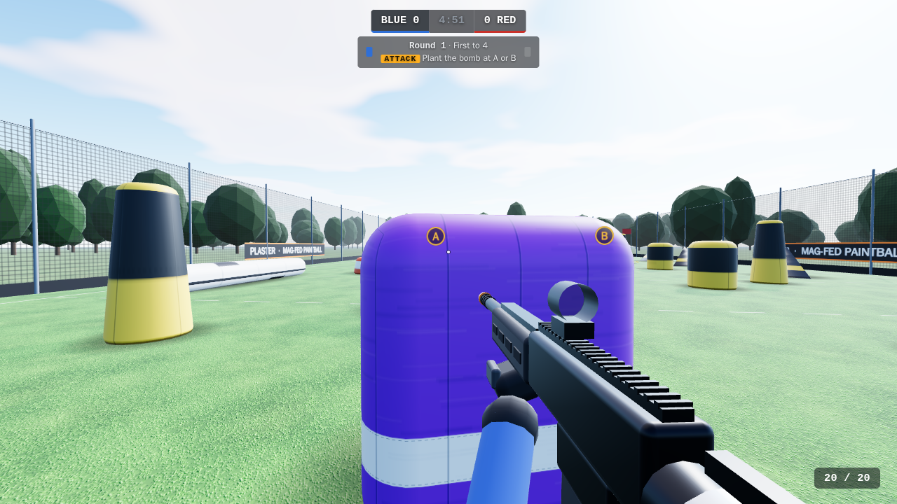 Start of a Search and Destroy round: the round bar under the score shows Round 1, first to 4, and the Attack role; site letters A and B show through a bunker.