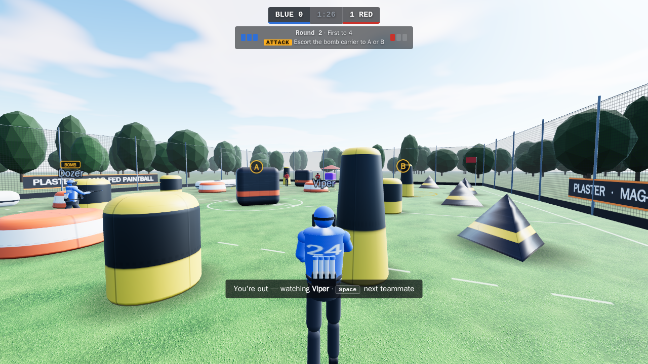 Out for the round and watching teammate Viper from just behind him; on the left, teammate Dozer carries the bomb with a BOMB tag over him; the round bar reads Escort the bomb carrier to A or B.