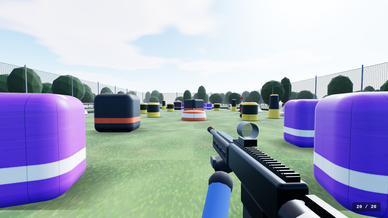 Your start position: bunkers across the field, two Red players moving up.
