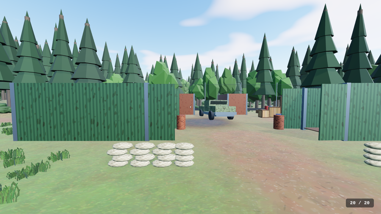 The outpost: a walk-in shipping container, sandbags, the abandoned truck, crates, barrels and a shack.