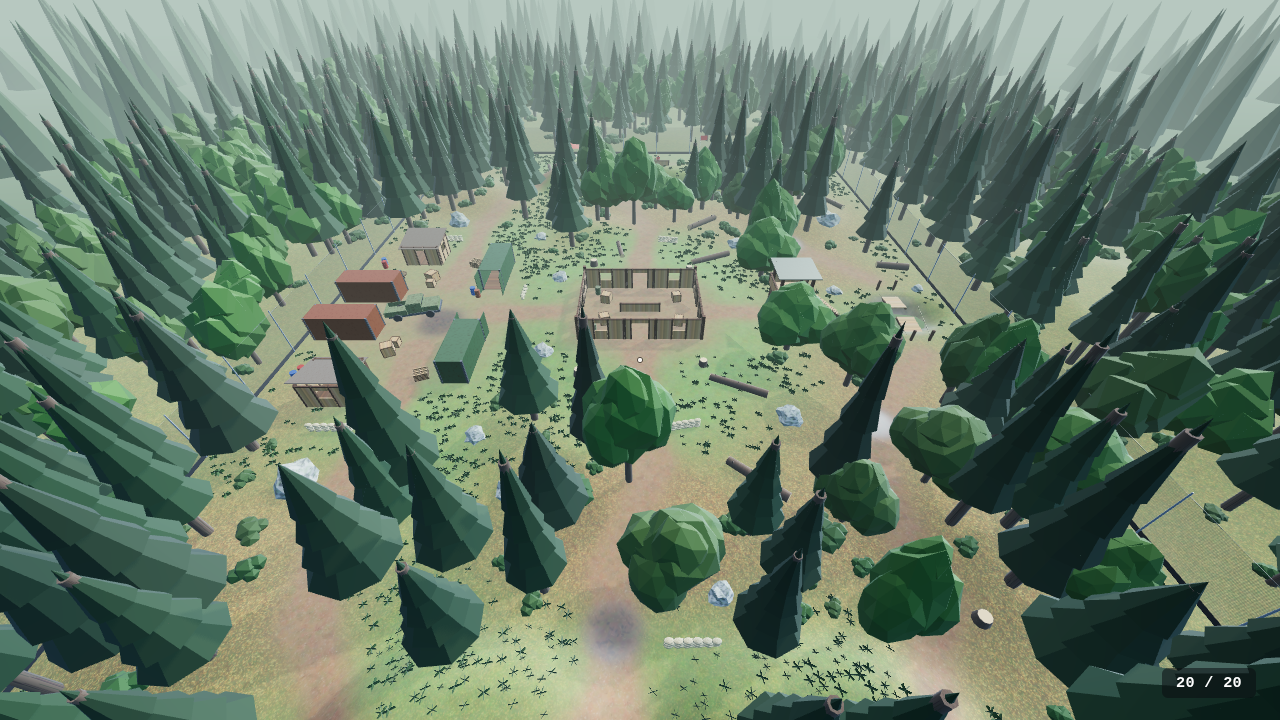 Woodland from above blue's side: the fort in a clearing, the outpost with containers and a truck on the left, the watchtower on the right, forest all around.