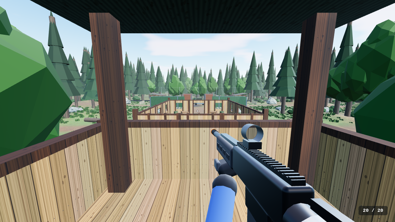 The view from the watchtower deck over the chest-high rail toward the fort.